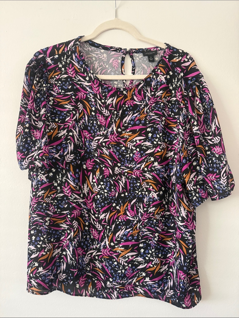 Ann Taylor Black Floral Short Sleeve Blouse with Pink & Mustard Accents